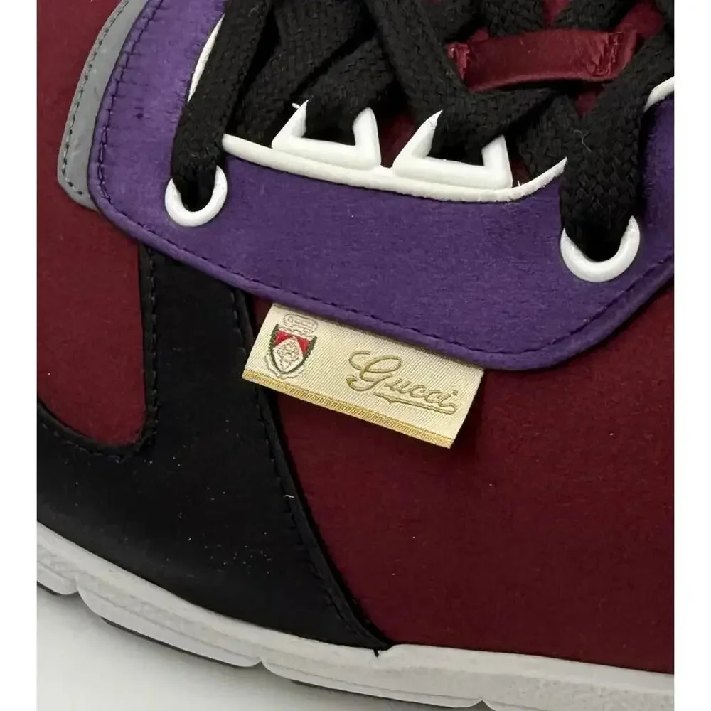 NIB GUCCI 3366 MULTICOLOR BLACK BURGUNDY GUCCI LOGO SATIN SNEAKERS TRAINERS 13.5